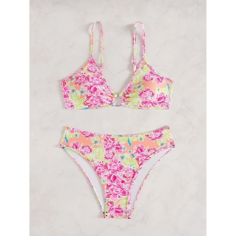 Women's Two Piece Swimsuits LARGE Triangle Bikini Sets O Ring Floral Pink Green